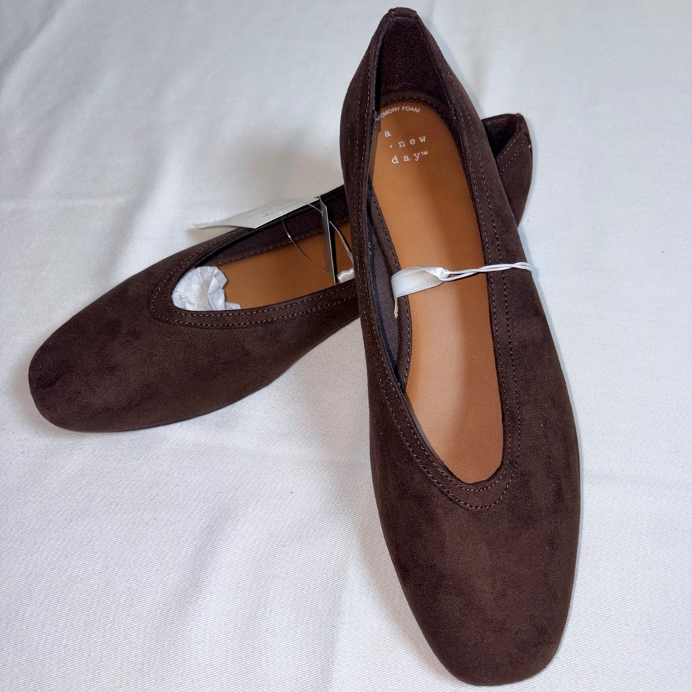 A New Day Sammie Ballet Flats 11 Brown NEW Square Toe V-Cut Faux Suede Foam